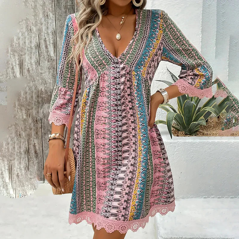 Vestido Boho Corto para Mujer con Estampado Floral