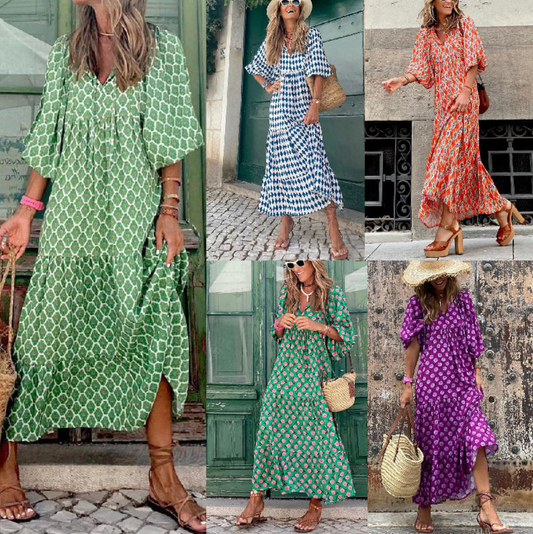 Vestido Maxi Bohemio con Escote en V y Falda de Volantes