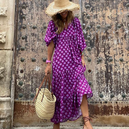 Vestido Maxi Bohemio con Escote en V y Falda de Volantes